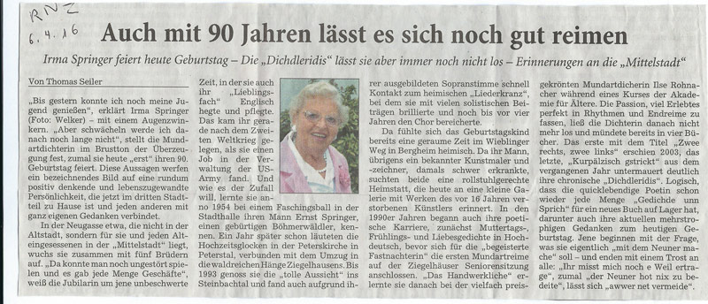 Irma Springer 90. Geburtstag RNZ 6.4.2016