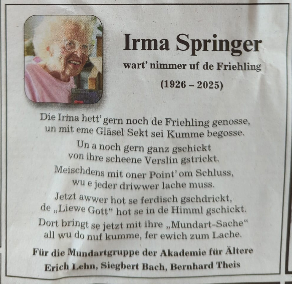 Todesanzeige Mundartgruppe