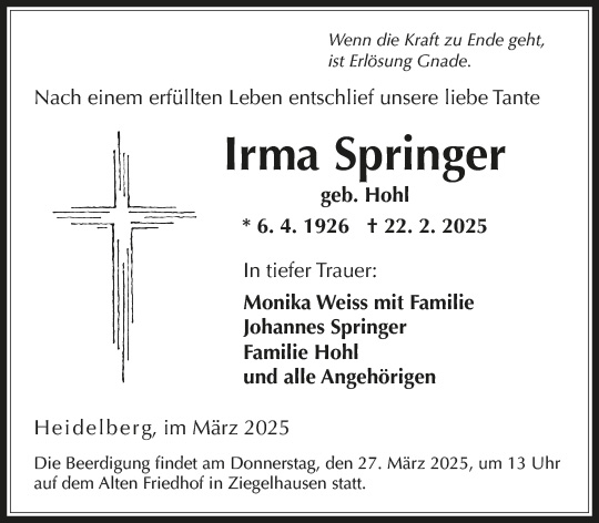 Traueranzeige in der RNZ vom 22..3.2025